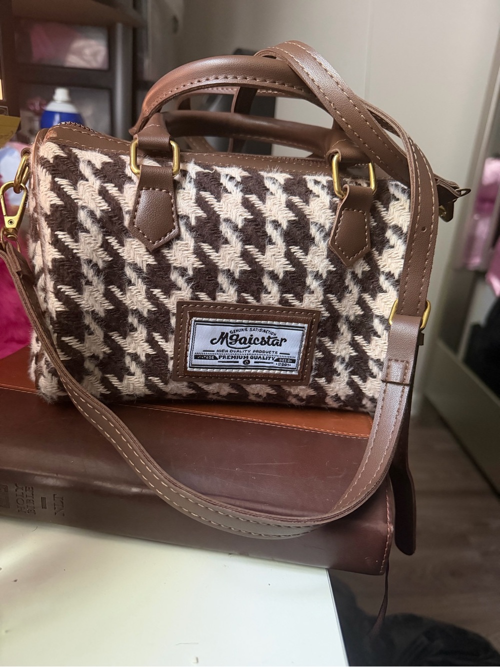 Fashion Nova Brown and Cream Houndstooth Crossbody Bag